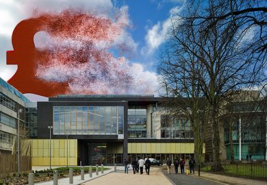 Montage of University of Bedfordshire campus and disintegrating sterling symbol in the clouds. To illustrate the fall of cash generation in the UK sector.