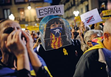 at a recent demonstration in Barcelona, Catalonians protested the detention of Catalan officials in Madrid