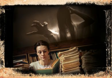 Montage of woman reading with ghost