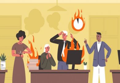 Suited figures argue while their office burns