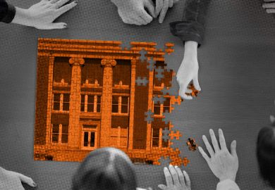 A photo illustration of a group of people around a table putting together a puzzle of a college campus.
