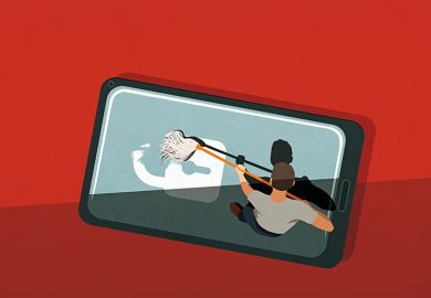 Illustration: a man sweeps a giant mobile phone with a broom