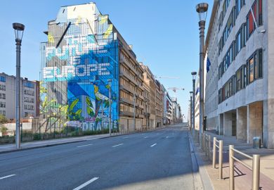 Brussels, Belgium - April 07, 2020 The Law street at Brussels without any people and car during the confinement period.