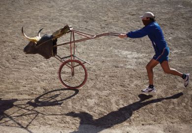 Bullfighter pushing stuffed bull's head on bicycle wheel