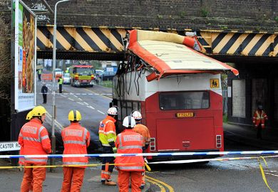 A double-decker bus had its roof ripped off when it collided with a bridge, Leicester, UK. To illustrate that the REF’s experiment with research culture was always doomed.