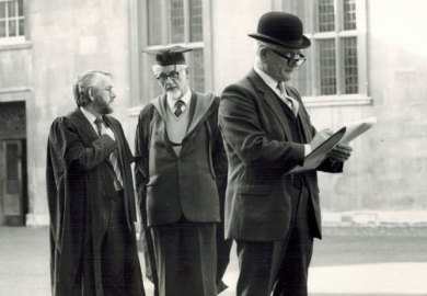 Alan Baker with Emmanuel College praelector and head porter in 1983