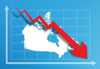 A downwards trendline on a map of Canada