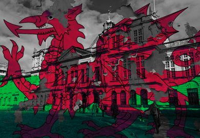 Cardiff University with a damaged flag of Wales overlaid over it. Illustrating the effect cuts at the university will have across higher education in Wales
