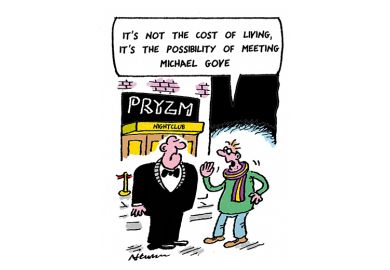 Cartoon: A student talks to a bouncer outside a nightclub, saying 'It's not the cost of living; it's the possibility of meeting Michael Gove'