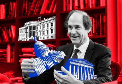 Montage of Cass Sunstein in his office at Harvard Law School, holding the Supreme Court and the Capitol building in his arms, with the White House on a bookshelf. To illustrate separation of powers.