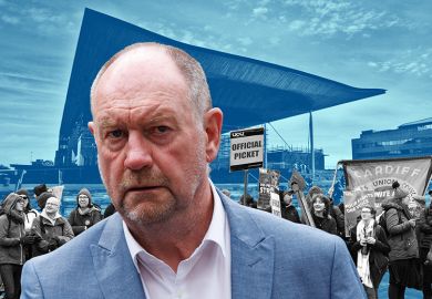 Montage of Cefin Campbell, deputy minister for skills and tertiary education, with National Assembly for Wales building on the waterfront in Cardiff and strike at Cardiff University.