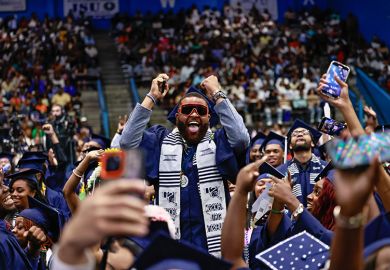 Jackson State University graduates celebrate during the spring 2025 commencement ceremony, Jackson, Mississippi, on 3 May 2025. To illustrate that Americans still value what universities have to offer.