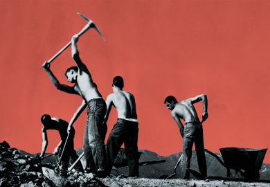 A chain gang works with pickaxes against a red background