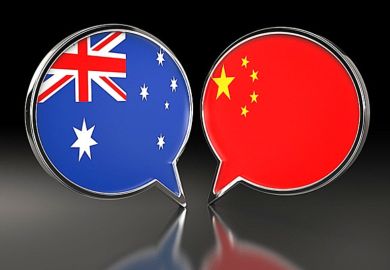 Speech bubble with Chinese and Australian flags, sybolising collaboration