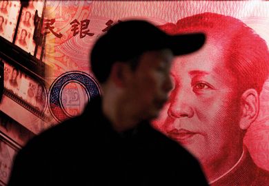 Man with image of Chinese banknote