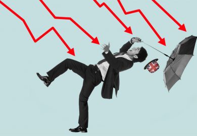 Young Chinese man in a suit being knocked over by downward economic graphs. His umbrella is inside out and Union Jack bowler hat has blown off. To illustrate that MBAs are an increasingly bad deal for Chinese students.