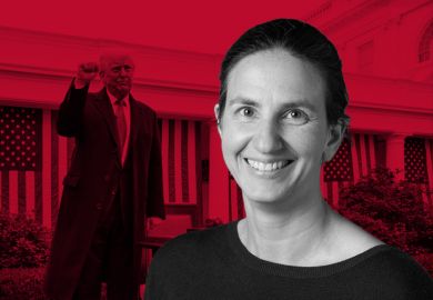 Christina Pagel, scientist behind Trump Action Tracker, with Donald Trump raising his fist in the background.