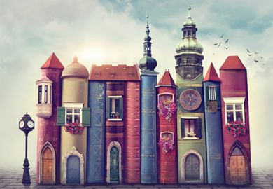 Illustration of a city scene made of books Illustration of a city scene made of books