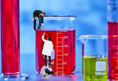 A senior manager trying to help a scientist climb up a beaker, while a young researcher also helps. The measurement scale on the beaker is like a ladder. To illustrate senior academics should use their influence to not misuse metrics. A senior manager trying to help a scientist climb up a beaker, while a young researcher also helps. The measurement scale on the beaker is like a ladder. To illustrate senior academics should use their influence to not misuse metrics.