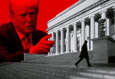Silhouette of man passing the Columbia University Library building in New York, with Donald Trump looming and pointing finger. To illustrate institutions looking for new presidents are likely to favour candidates who can stay out of the limelight.