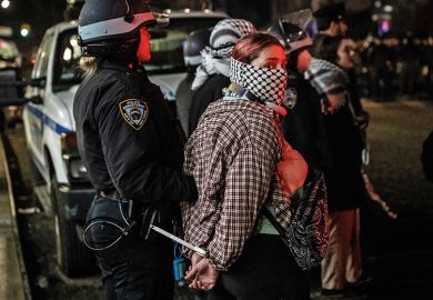 Members of the NYPD detain protesters from the pro-Palestinian protest encampment and Hamilton Hall, Columbia University where demonstrators barricaded themselves inside on April 30, 2024 in New York City