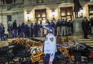 New York Police Department officers detain dozens of pro-Palestinian students at Columbia University after they barricaded themselves at the Hamilton Hall building near Gaza Solidarity Encampment earlier in New York, United States on April 30, 2024