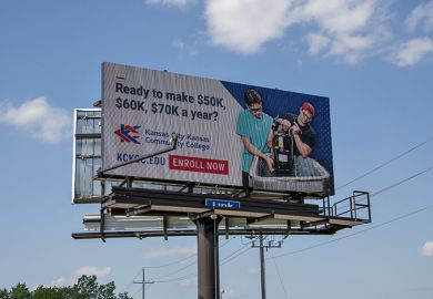 Community college advertising enrolment to prepare for good-paying jobs when finished, Lansing, Kansas, US. To illustrate a focus on the individual benefits of higher education, which doesn’t play well with those who do not go. 