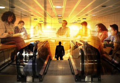 Montage of students in a university seminar and a commuter heading down an escalator. To illustrate work experience as a part of university courses.