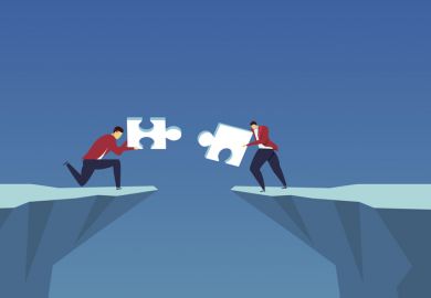 People fit jigsaw pieces together across a chasm, symbolising cooperation