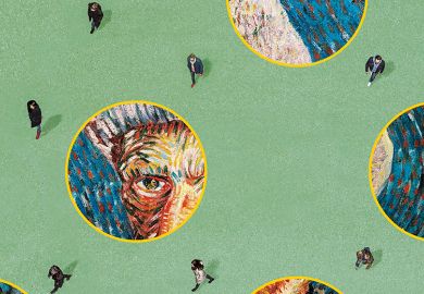 People walking among circles of images of a Van Gogh painting