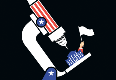 Illustration: a microscope made up of a Capitol building looks down on a university waving a white flag