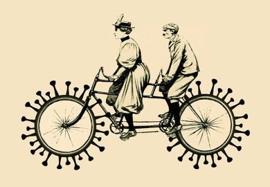 Woman and man on a tandem bike with coronavirus wheels