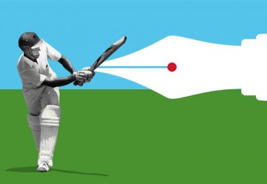 Cricket player taking a shot, with fountain pen, illustrating swinging your bat if bored by defensive academic writing conventions.