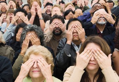 Crowd of people covering eyes