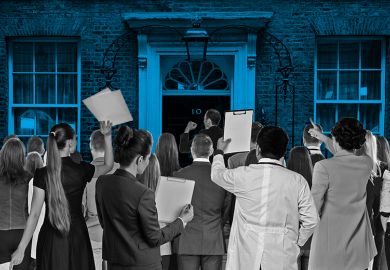crowd outside 10 Downing Street waving papers. To illustrate how universities can try to gain access to government through policy institutes.
