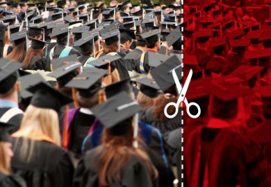 A crowd of graduating university students, with a dashed line and scissors, to illustrate that student numbers at UK universities should be reduced 30 per cent according to a thinktank. A crowd of graduating university students, with a dashed line and scissors, to illustrate that student numbers at UK universities should be reduced 30 per cent according to a thinktank.