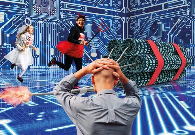 Man with his hands on his head, students in fancy dress and sticks of dynamite against a backdrop of circuitry