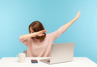 A woman watching a computer and doing a dab dance A woman watching a computer and doing a dab dance, symbolising online learning
