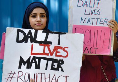 Protest demanding justice for Dalit scholar Rohith Vemula outside Shastri Bhavan in New Delhi, India, 2016 