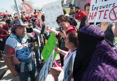 Demonstrators argue with Donald Trump supporter, Wisconsin