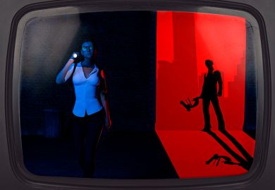 Female detective with ominous man holding microscope, on a television screen. To illustrate scientific sleuthing.