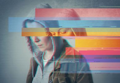 A digital photo of a person with glitches, symbolising digital poverty