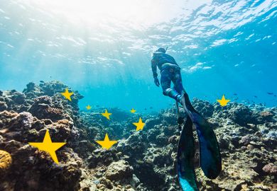 A diver in the Great Barrier Reef, Australia, with stars from the European Union flag on the seabed. To illustrate Australian universities renewing their campaign to join Horizon Europe.