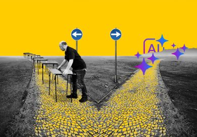 A diverging path with one direction showing a man setting up desks for an exam, and AI in the other direction. To illustrate whether universities are returning to in-person exams to combat AI cheating.