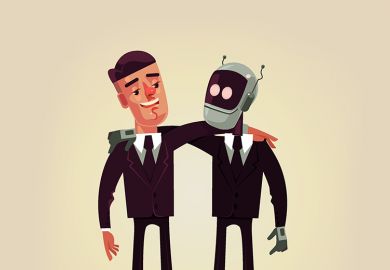 A robot and office worker arm-in-arm, symbolising AI use