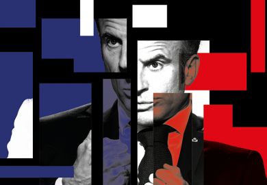 Emmanuel Macron, fragmented with colours of the French flag