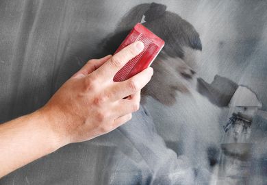 An image of a woman looking through a microscope being erased on a blackboard. To illustrate the rise in teaching-only contracts, limiting career opportunities for research-focused staff.