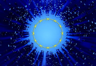 Crowd circling around the stars of the EU flag depicted as barbed wire. To illustrate whether the next Horizon Europe will be anything non-EU states want to join.