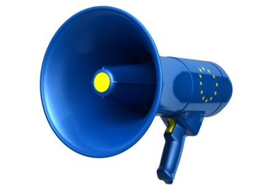 A megaphone painted in the European flag