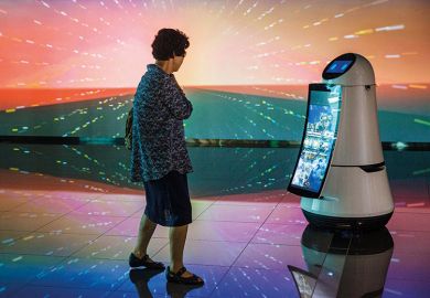 Woman looking at robot